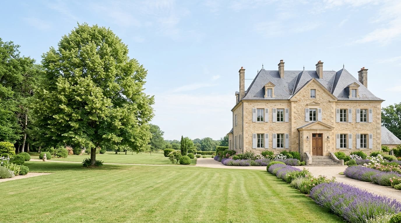 Maison de maître en pierre dorée et son jardin